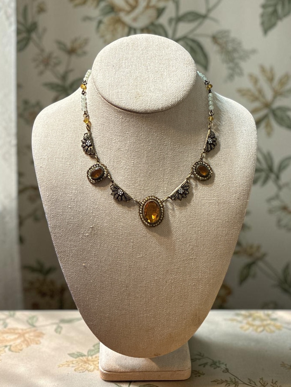 Antique Czech Art Deco Topaz Glass Floral Necklace